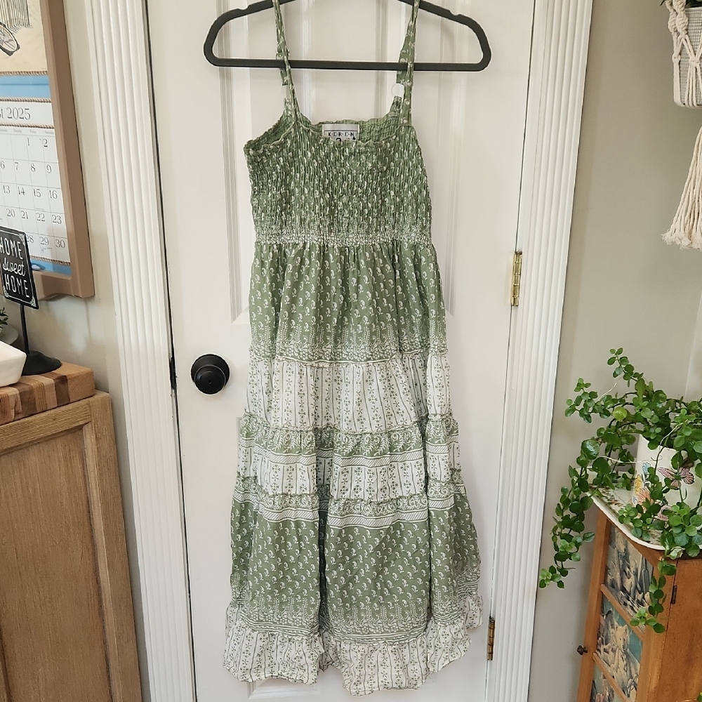 KEREN hart Green and White Textured Dress